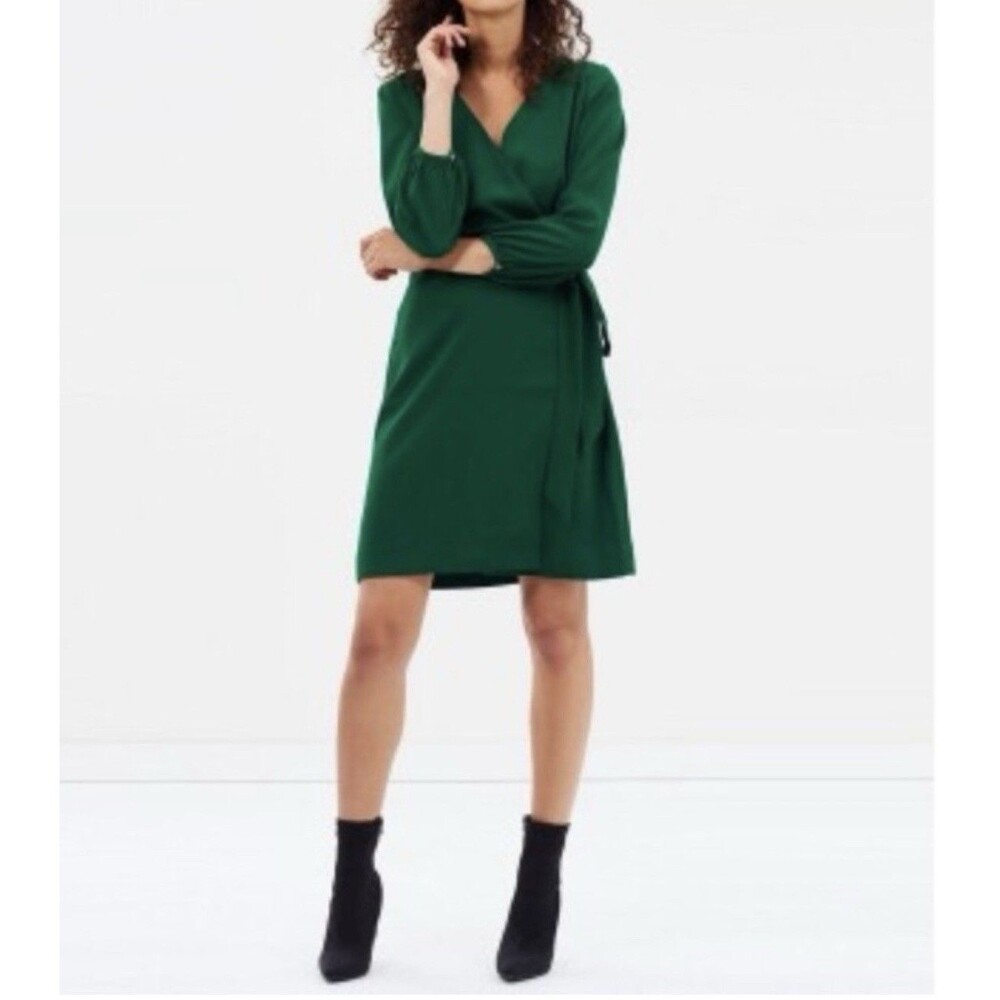 J.CREW Wrap Dress Size 6 Green Long Sleeve Classic Knee Length Career V-Neck NWT